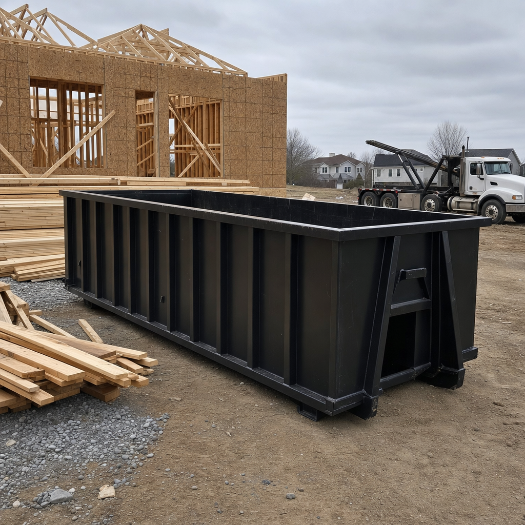 Matte-black 40-yard roll-off dumpster staged on a framed-out residential construction site in Richmond, framing lumber stacked nearby, hooklift delivery truck visible in the background under bright Colorado daylight