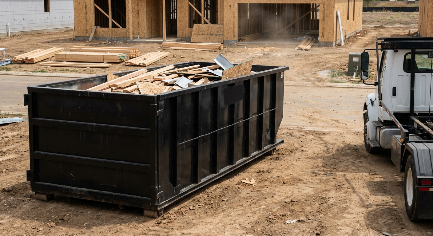 Matte-black 20-yard roll-off construction dumpster with heavy ribbed steel sidewalls and swing rear doors at a working jobsite in Richmond, sitting directly on compacted dirt with an unmarked white hauler partially visible at the far edge of the frame.