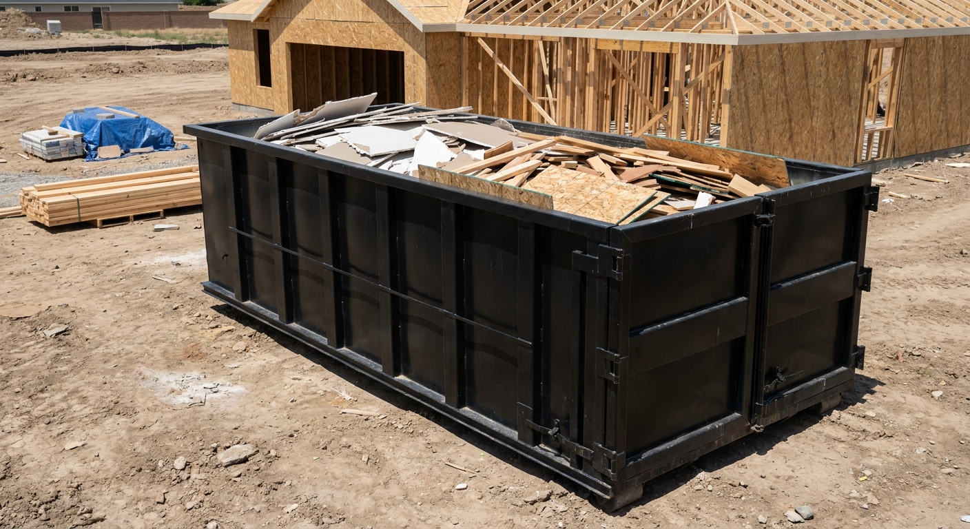Matte-black 30-yard roll-off construction dumpster sitting directly on the compacted-dirt site of a framed single-family home build in Richmond, drywall and lumber scrap loaded inside.