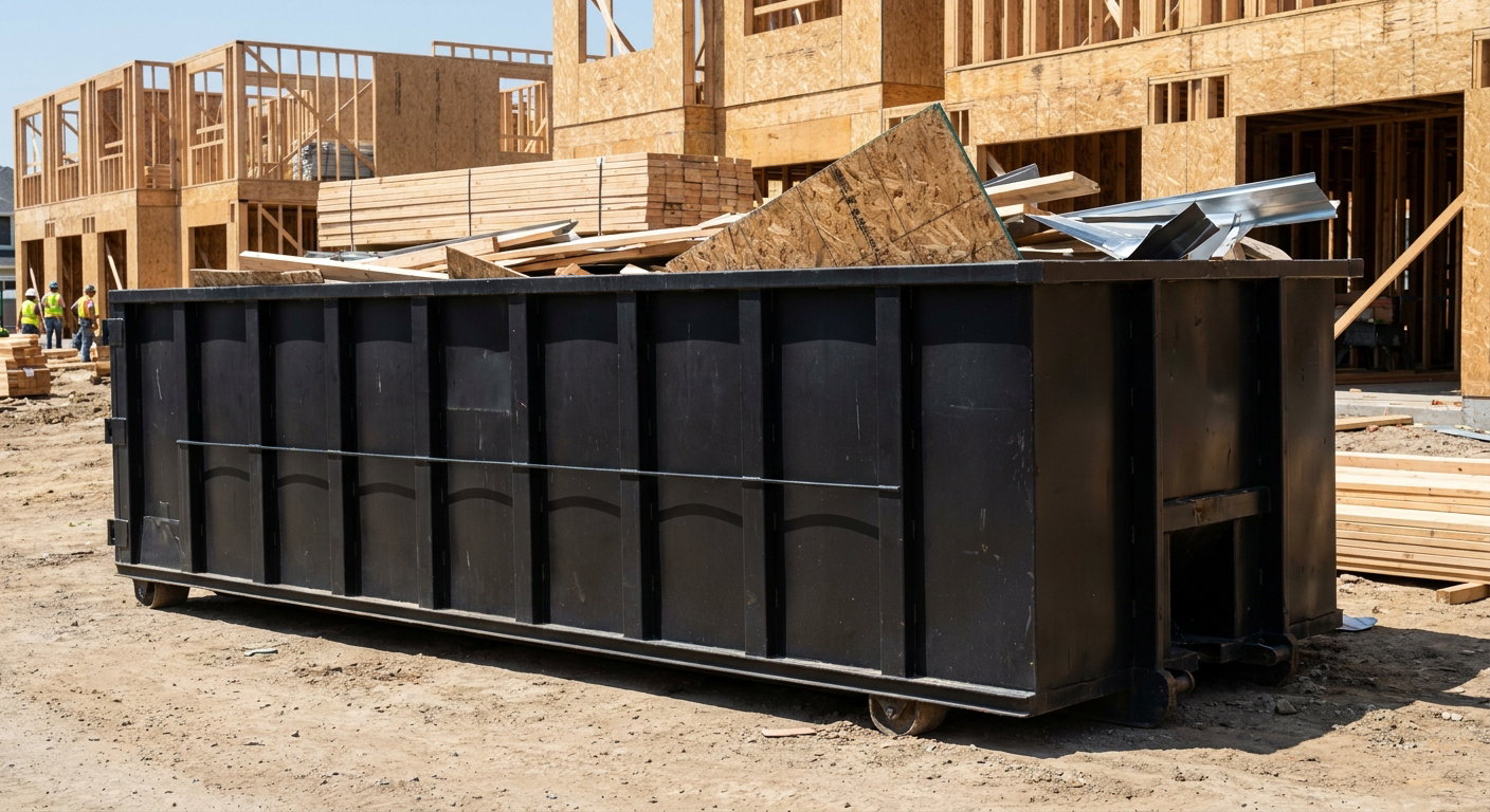 Matte-black 40-yard roll-off construction dumpster being lowered from a white-cab hooklift delivery truck onto the compacted-dirt jobsite at a commercial build site in Richmond