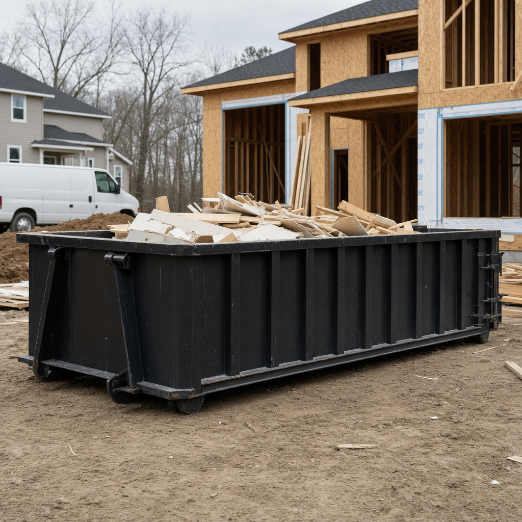 Worker in a yellow high-visibility vest tossing framing lumber and broken drywall into a matte-black 30-yard construction roll-off dumpster on an active build site in Richmond, bright daylight