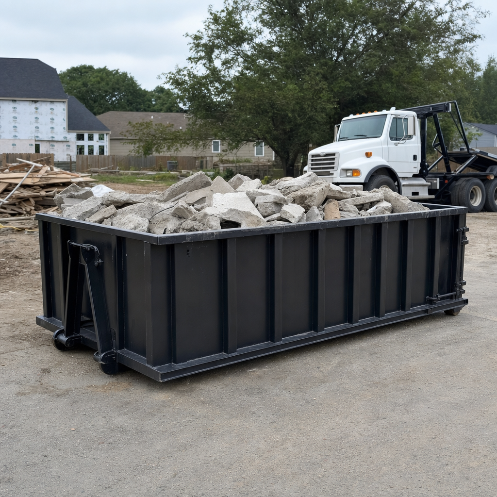 Low-profile matte-black lowboy roll-off dumpster loaded with broken concrete slab and rebar at a foundation tear-out in Richmond, skid steer parked beside it, sunny Colorado morning