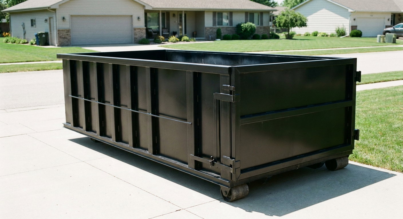 Matte-black 10-yard roll-off dumpster on a residential concrete driveway in Richmond, uniformly painted matte black across every panel and rail, ribbed steel sidewalls and rear swing door visible, mid-day daylight.