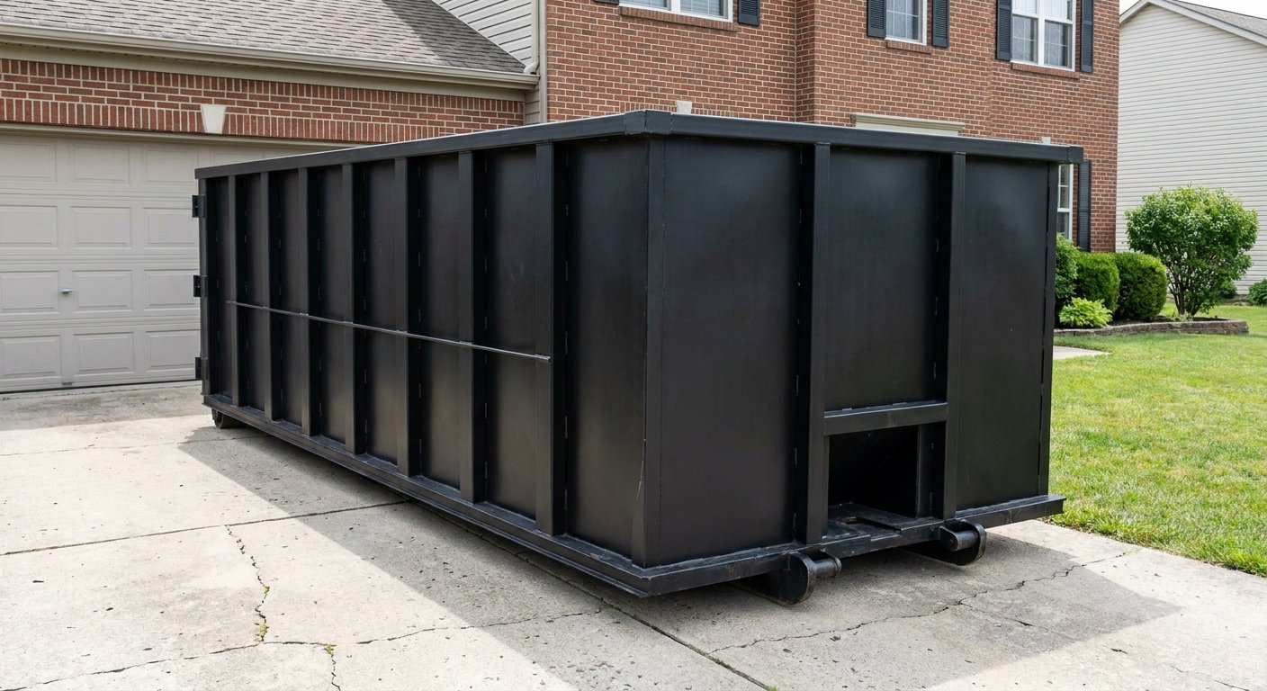 Matte-black 20-yard roll-off container on a Richmond residential concrete driveway with reinforced ribbed steel sidewalls and a hinged rear walk-in door, clean bright daylight.