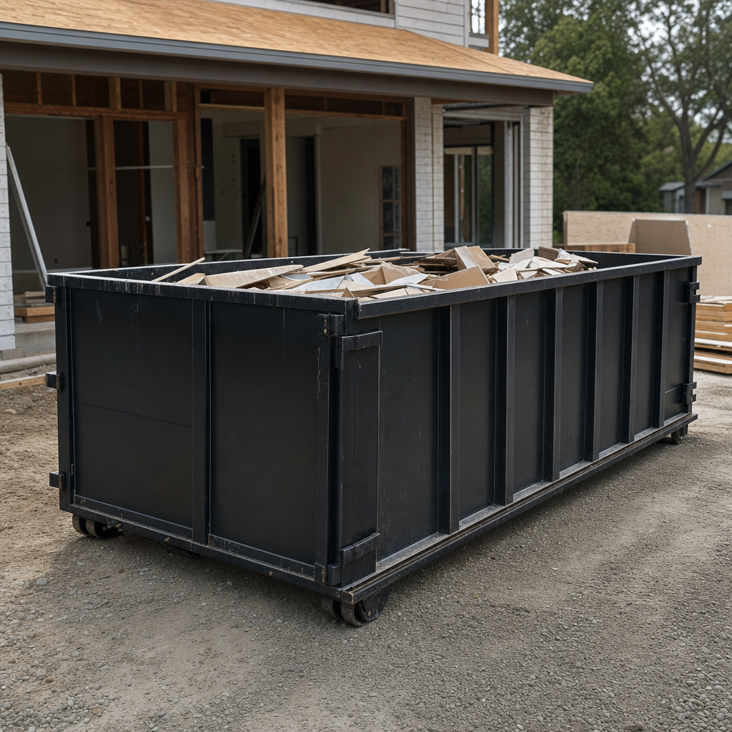 Large matte-black 30-yard construction roll-off dumpster at an active Richmond jobsite, steel-gray top rails and bottom rollers visible, loaded with construction debris.