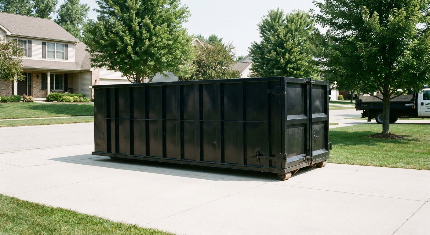 Matte-black 20-yard roll-off dumpster sitting level on a clean Richmond residential concrete driveway under bright daylight, demonstrating clean placement directly on the concrete.