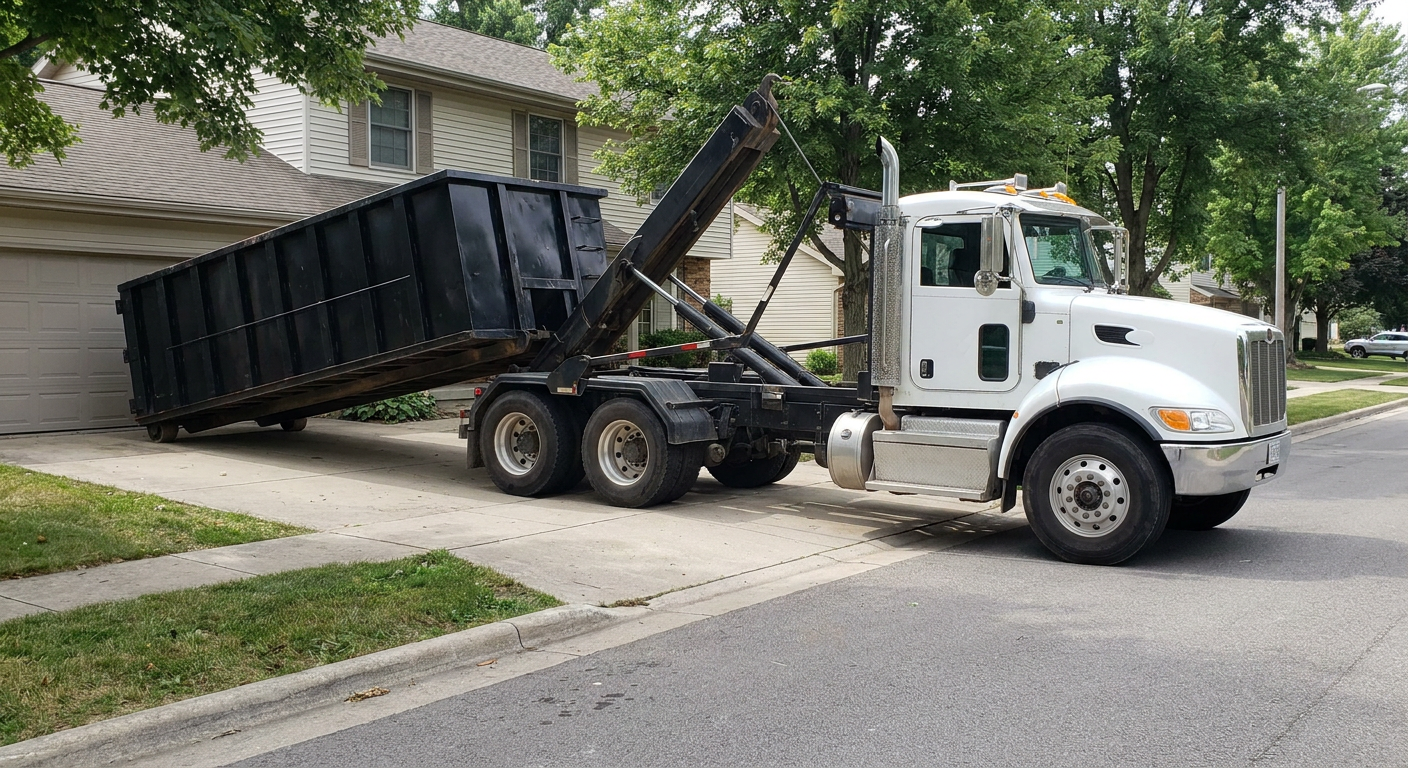 White-cab hooklift roll-off truck actively lowering a matte-black dumpster onto a Richmond residential concrete driveway, the dumpster's rear wheels touching the driveway as the hoist arm tilts the bed forward, mid-morning daylight.