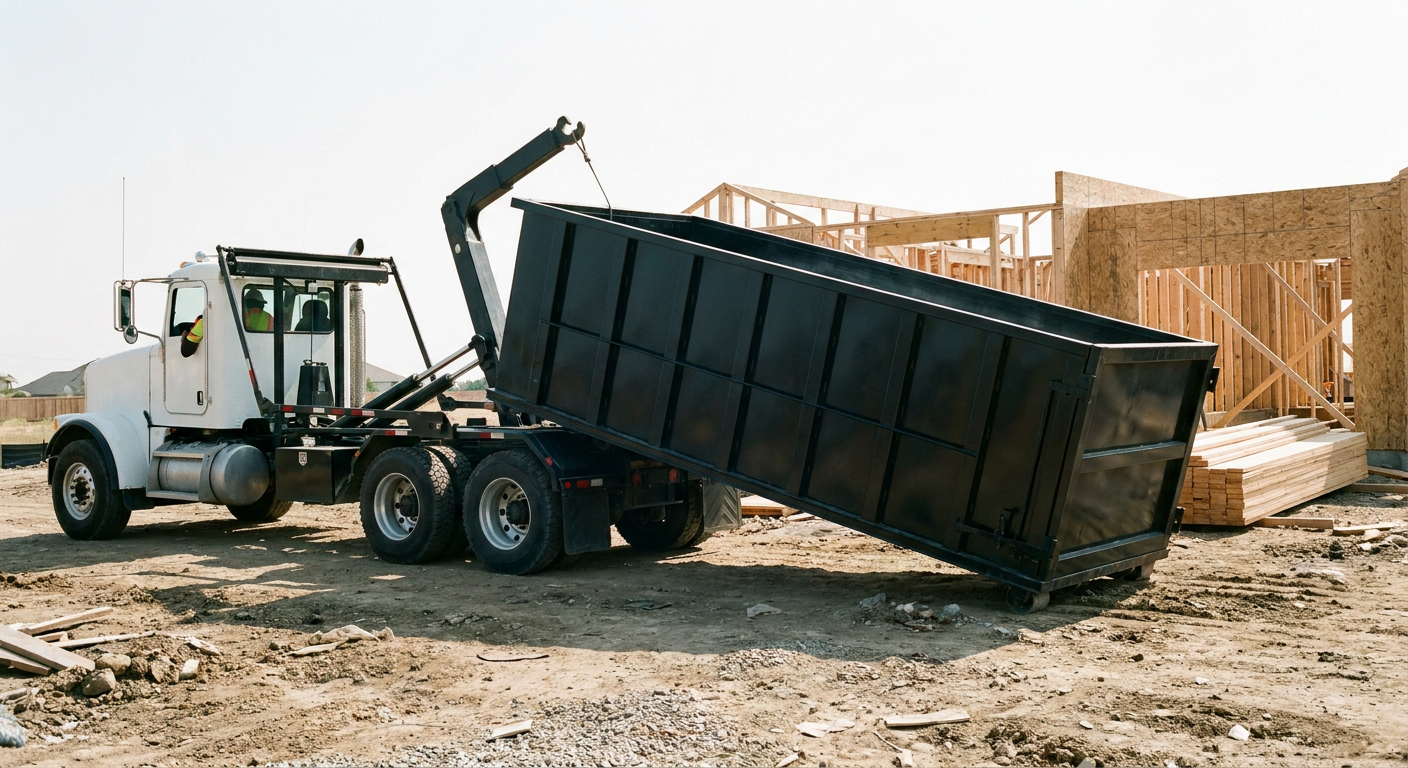 Matte-black roll-off dumpster being delivered onto a clean residential concrete driveway in Richmond by an unmarked white hooklift hauler truck, bright morning daylight, documentary 35mm perspective.