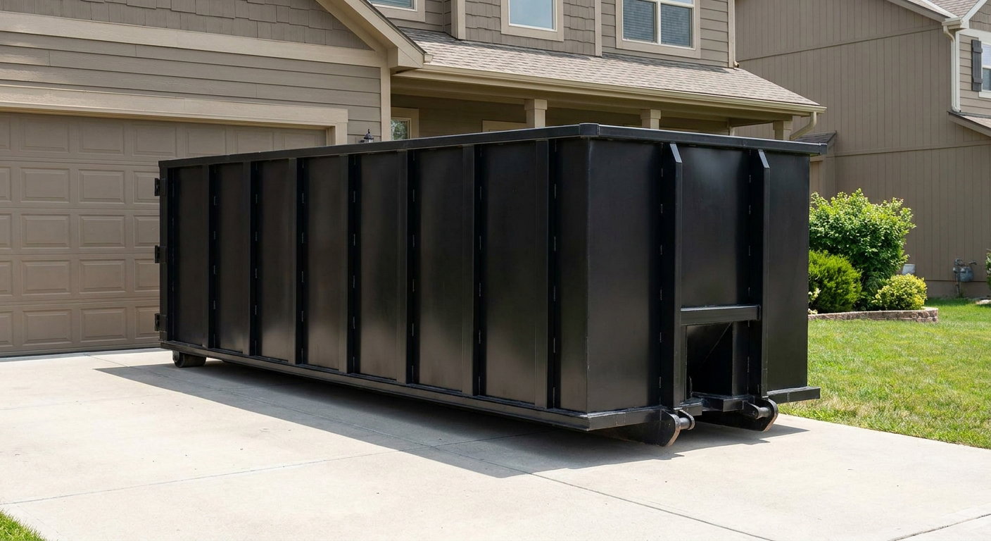 Matte-black residential roll-off dumpster sitting directly on a suburban Richmond concrete driveway, garage door closed, single-family home in background, bright morning daylight.