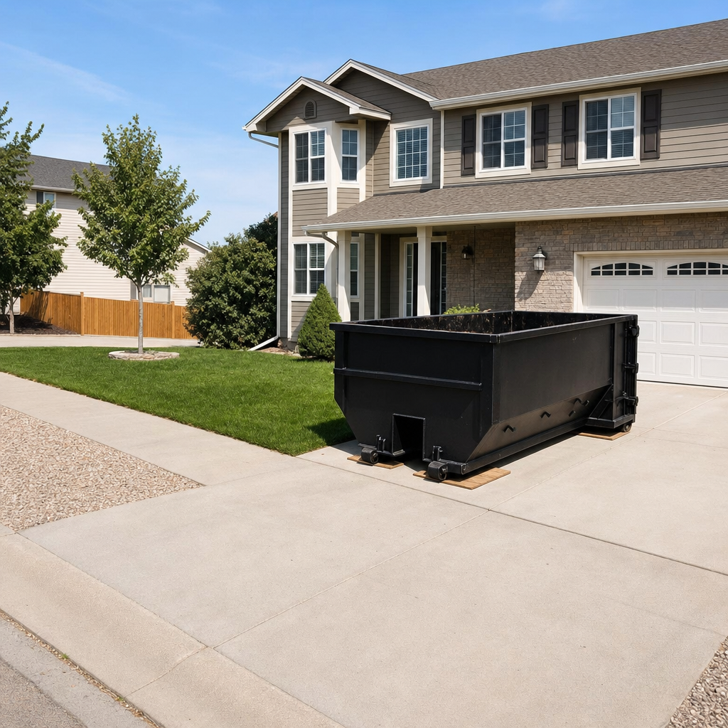 10-yard matte-black residential dumpster placed directly on a narrow Richmond concrete driveway, room remains for a parked sedan beside it, mid-morning natural light