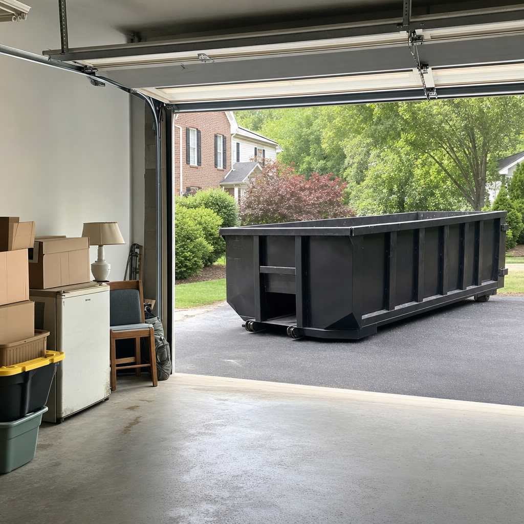 Open garage interior in a Richmond home mid-cleanout — boxed items, an old appliance, and stacked yard tools queued near the driveway for a matte-black roll-off dumpster, organized and calm