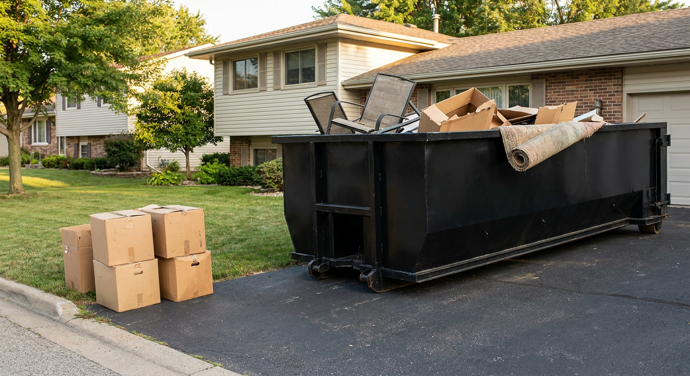 Front-yard view of a Richmond split-level home with a 20-yard matte-black roll-off dumpster sitting directly on the asphalt driveway, a few clearly labeled donation boxes staged at the curb, calm sunny afternoon.
