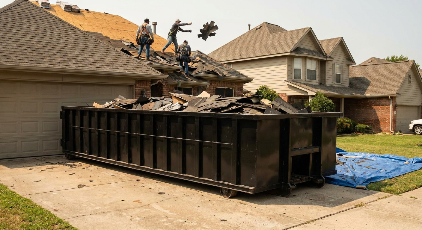 Matte-black roofing roll-off dumpster placed directly on a Richmond residential concrete driveway, a tear-off crew on a two-story asphalt-shingle roof tossing shingle bundles into the low-walled container, bright daylight, documentary 35mm perspective.