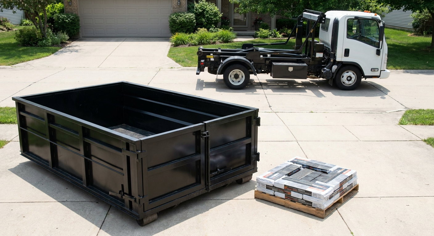 Matte-black 15-yard roofing roll-off dumpster with reinforced low side walls sitting directly on a Richmond residential concrete driveway, three-tab asphalt shingle bundles stacked nearby, an unmarked white hauler truck partially visible at the edge of the frame.