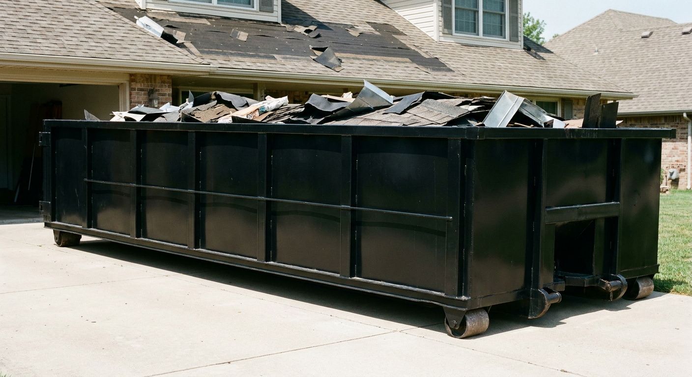 Matte-black 20-yard roofing roll-off dumpster with steel ribbed sides and swinging rear door, sitting directly on the concrete driveway of a two-story Richmond home, asphalt shingle debris being loaded over the low wall, clean documentary lighting.