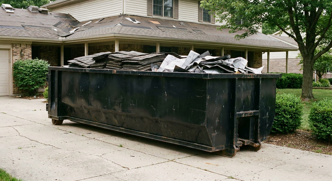Matte-black 30-yard roofing roll-off dumpster sitting directly on a Richmond concrete driveway, taller ribbed steel side panels, mixed tear-off debris of asphalt shingles and underlayment inside, professional documentary daylight.