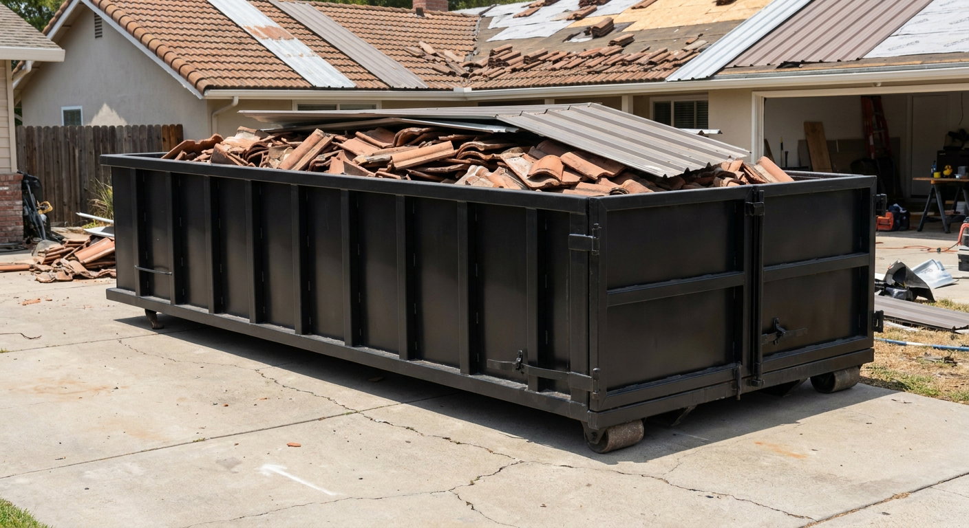 Matte-black low-wall heavy-debris roofing roll-off dumpster sitting directly on a Richmond concrete driveway, broken concrete clay roof tiles and metal panel sections loaded inside, reinforced ribbed steel side walls visible, bright outdoor daylight.