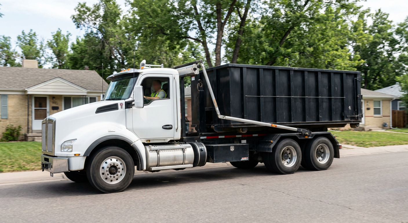 A wide documentary shot of a matte-black roll-off delivery truck pulling onto a quiet Richmond residential street at mid-morning, with neighborhood rooftops and tree-lined blocks visible behind, showing the metro coverage footprint.
