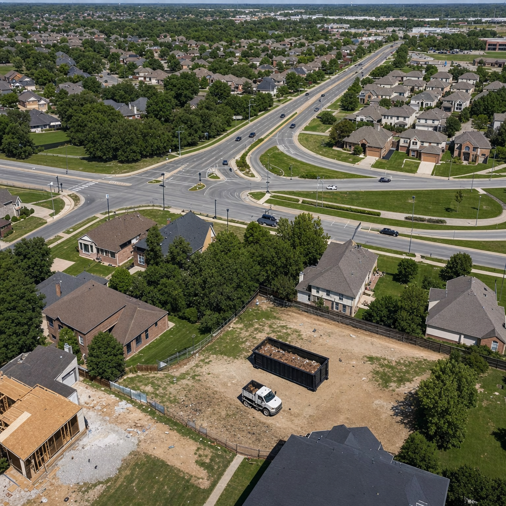 An overhead documentary view of the Richmond metro area at midday, showing the spread of neighborhoods, arterial roads, and the dispatch radius from a central yard — clean daylight, organized geographic layout.