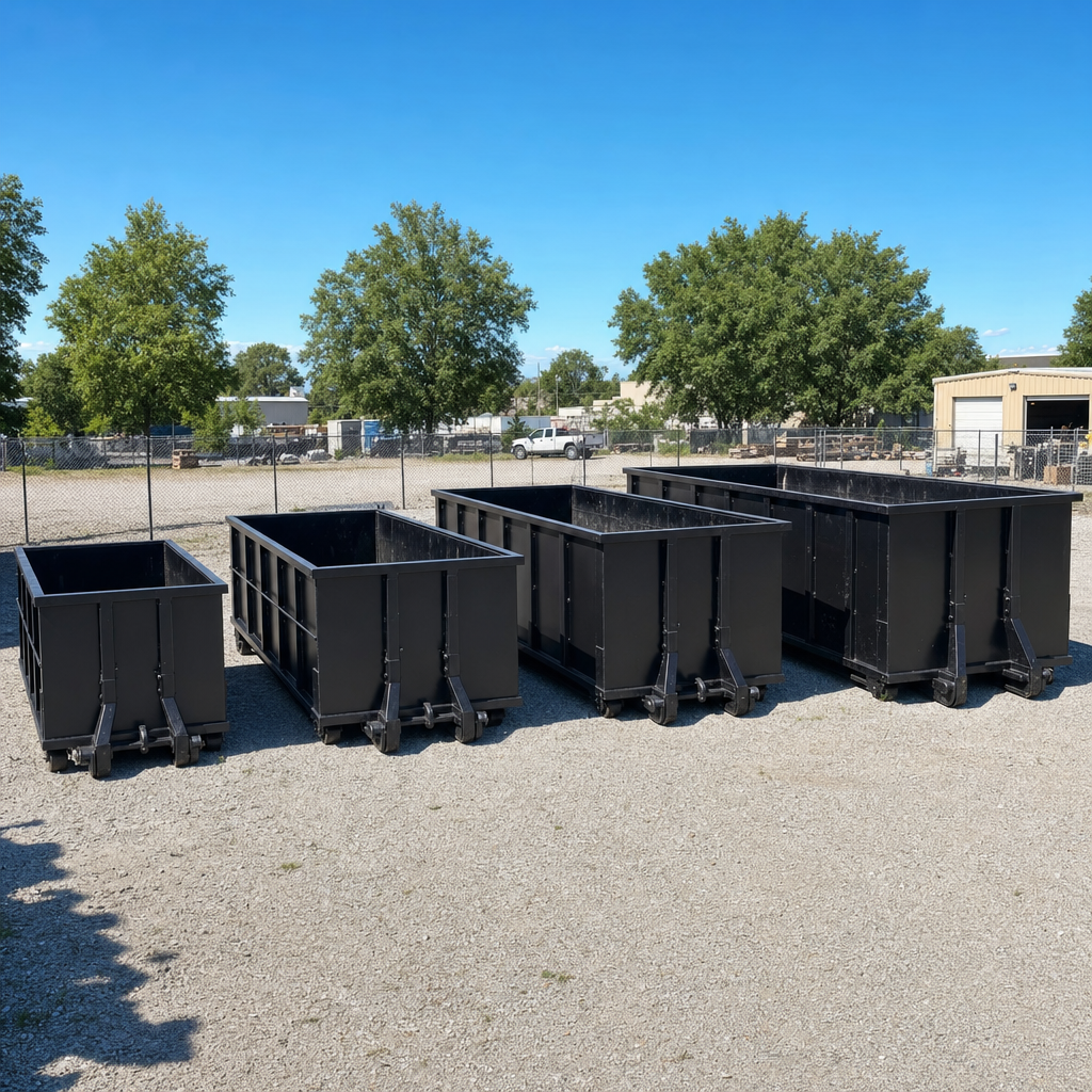 A clean lineup of matte-black roll-off dumpsters in 10, 20, 30, and 40-yard sizes staged on a sunlit gravel yard in Richmond, showing the size progression from compact to commercial-scale containers.