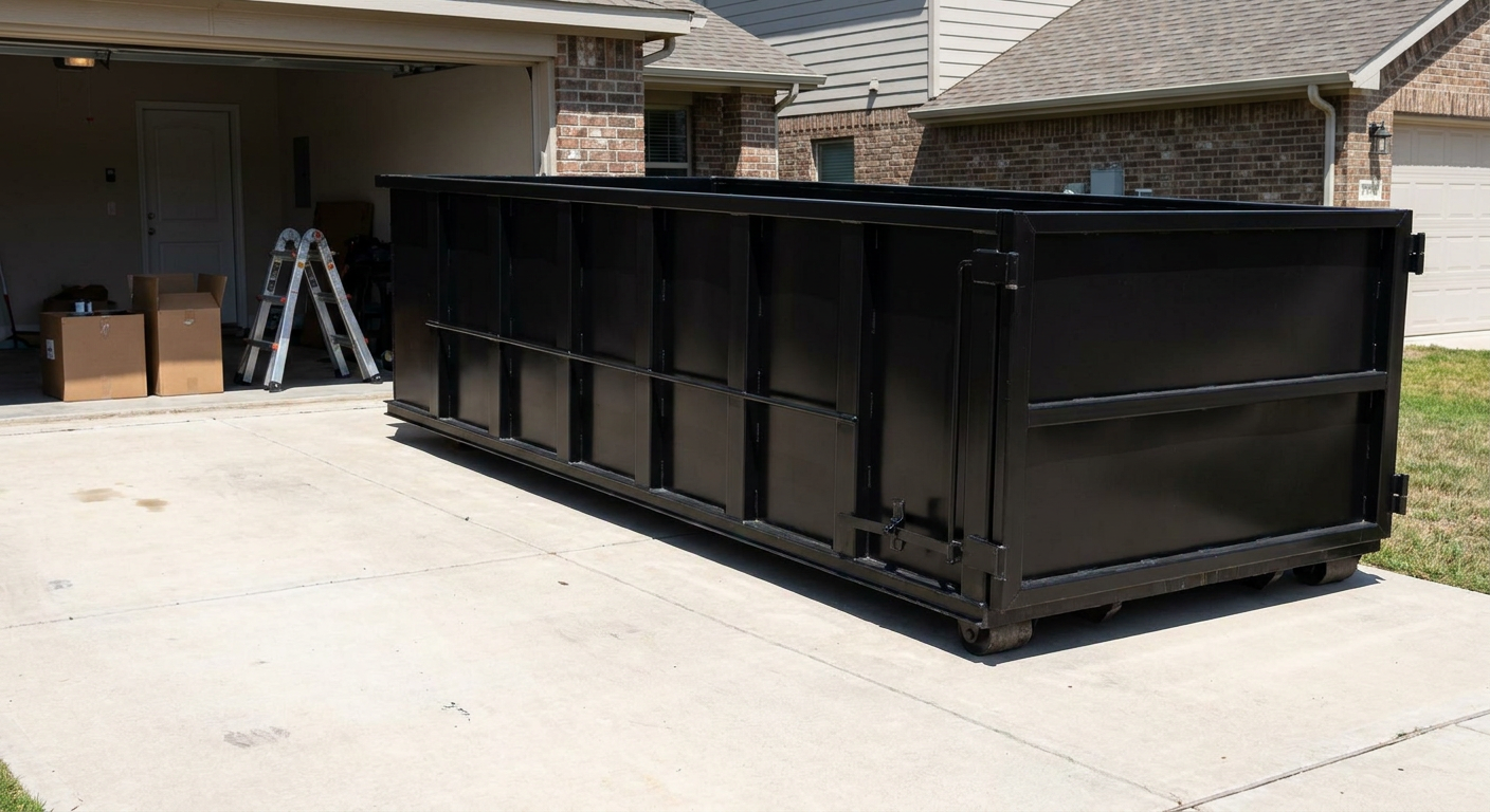 A matte-black 10-yard roll-off dumpster sitting directly on a residential Richmond concrete driveway, mid-day sunlight, clean and ready for a garage cleanout.