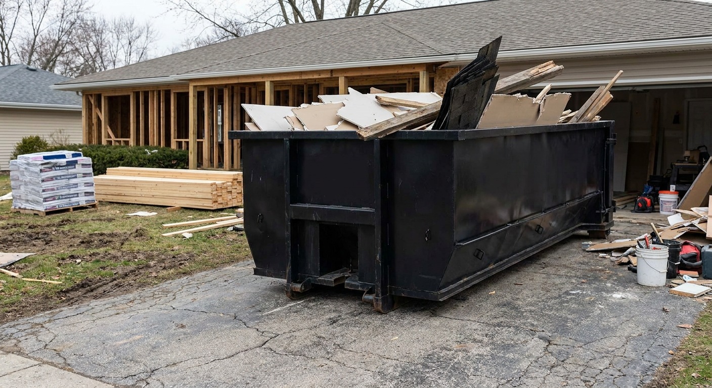 A matte-black 20-yard roll-off dumpster placed alongside a mid-renovation Richmond home directly on the asphalt driveway, with framing materials and torn-off shingles staged neatly nearby.
