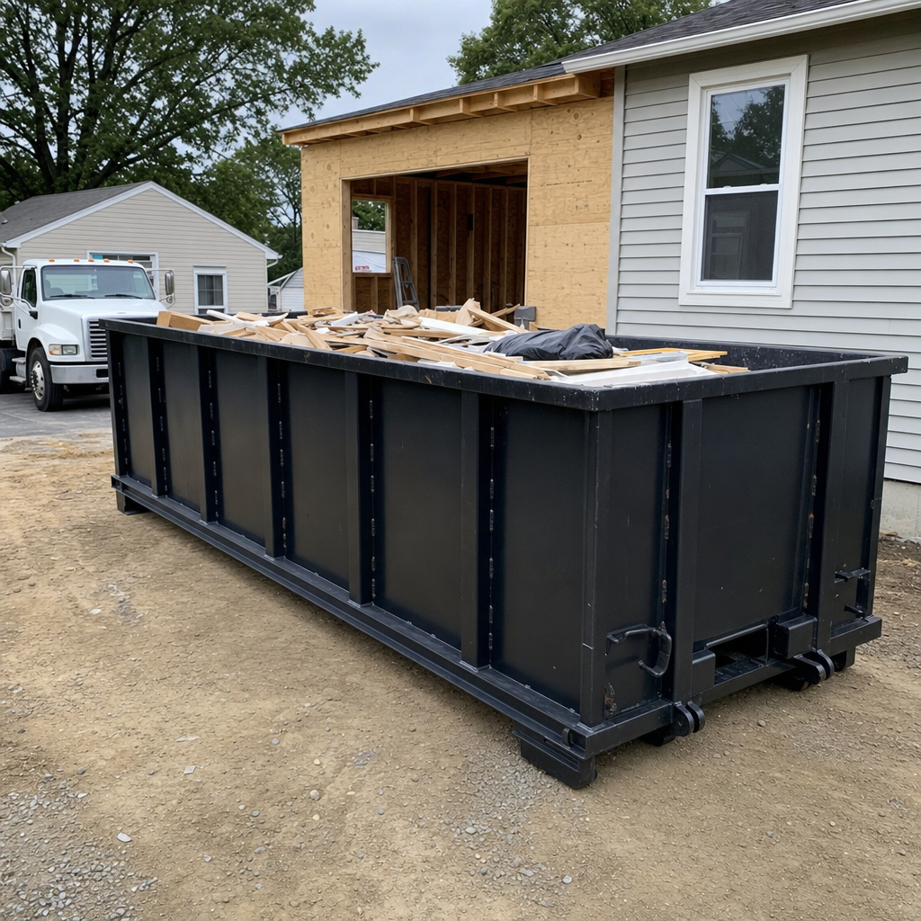 A matte-black 30-yard roll-off dumpster positioned at a Richmond residential addition jobsite, with framing lumber and drywall scraps loaded through the open swinging rear doors.