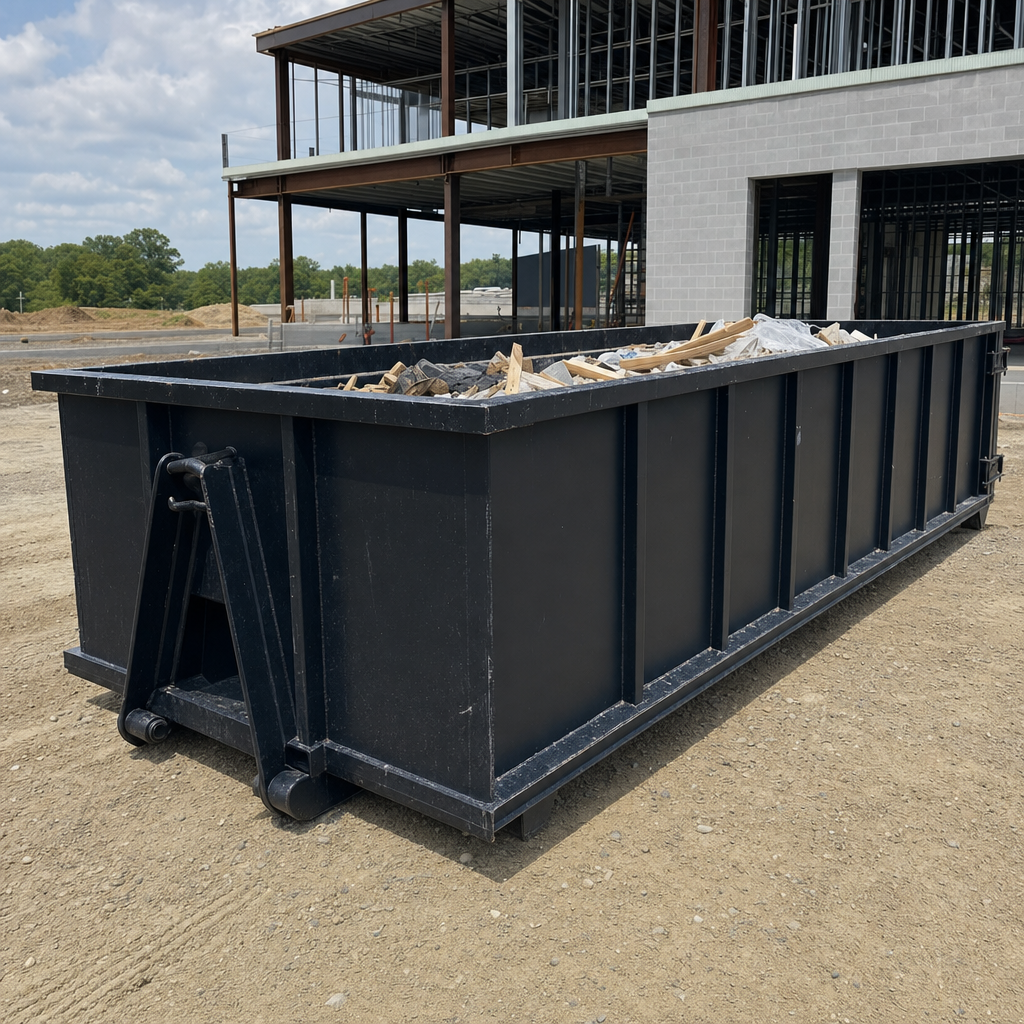A matte-black 40-yard roll-off dumpster staged on a large Richmond commercial construction lot, with a hooklift delivery truck parked alongside under bright midday sky.