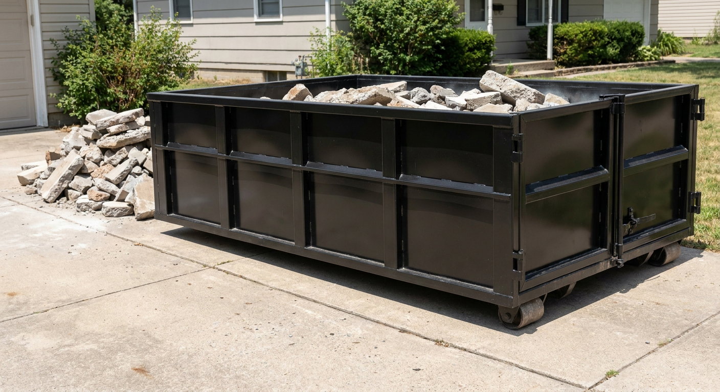 A matte-black low-side heavy-debris roll-off dumpster placed directly on a Richmond concrete driveway, with broken concrete chunks neatly stacked beside it under clean daylight.